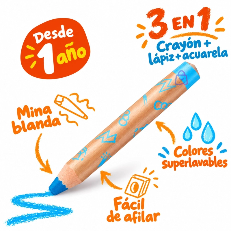 CRAYONES CARIOCA BABY 3 EN 1 ACUARELABLES 6 COLORES - PS - 2