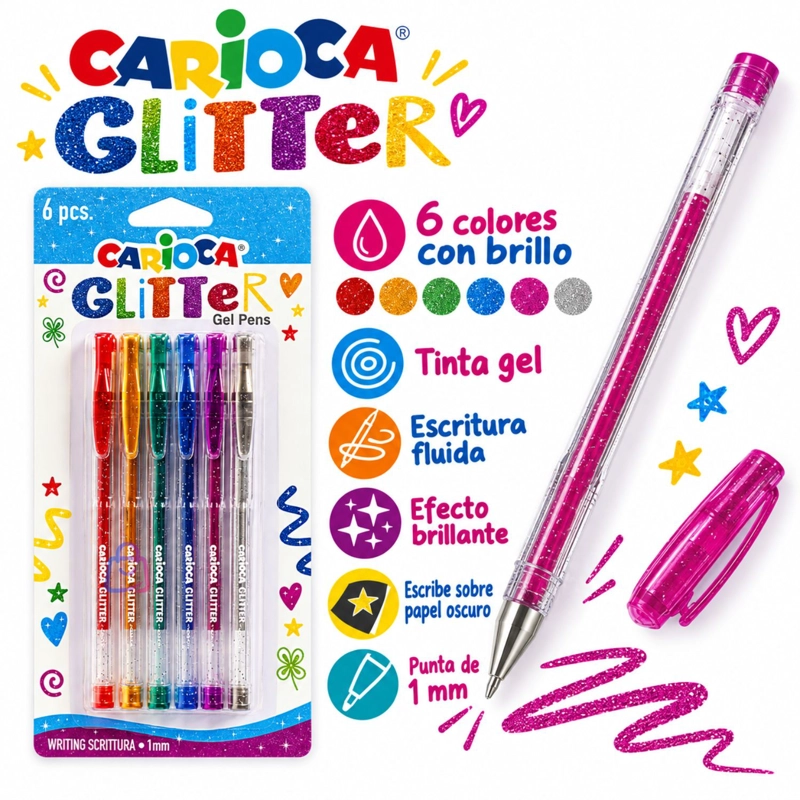 BOLIGRAFOS GEL GLITTER CARIOCA 6 COLORES PUNTA 1 MM - PS - 2