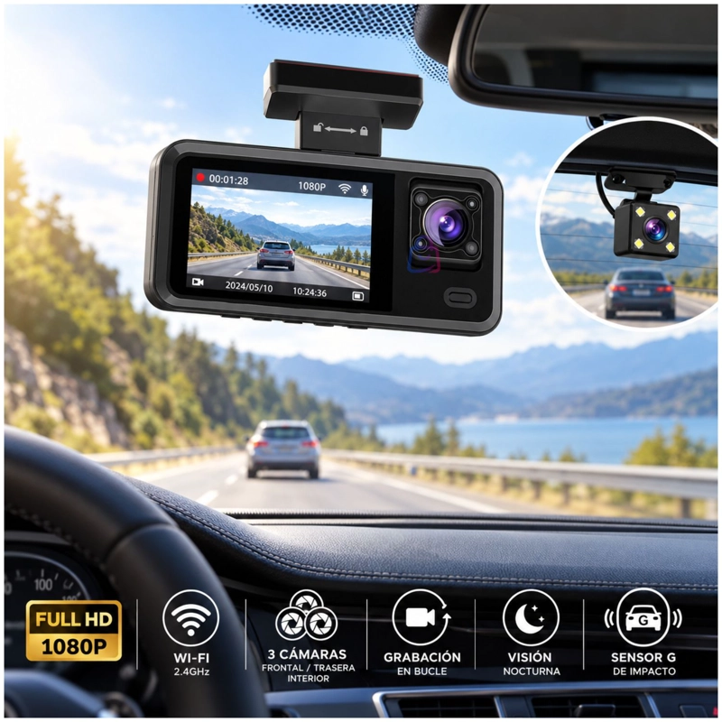 CAMARA AUTO DASHCAM 3 LENTES FULL HD 1080P WIFI IPS - PS - 2