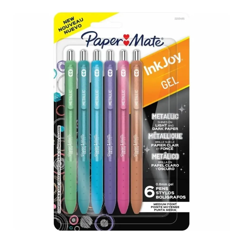 SET 6 GEL INKJOY PAPER MATE RETRACTIL 0.8 MM METALICOS - 1