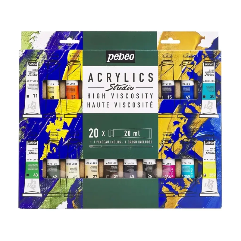 SET 20 ACRILICOS PEBEO STUDIO + PINCEL 20ML (COD. A) - 1