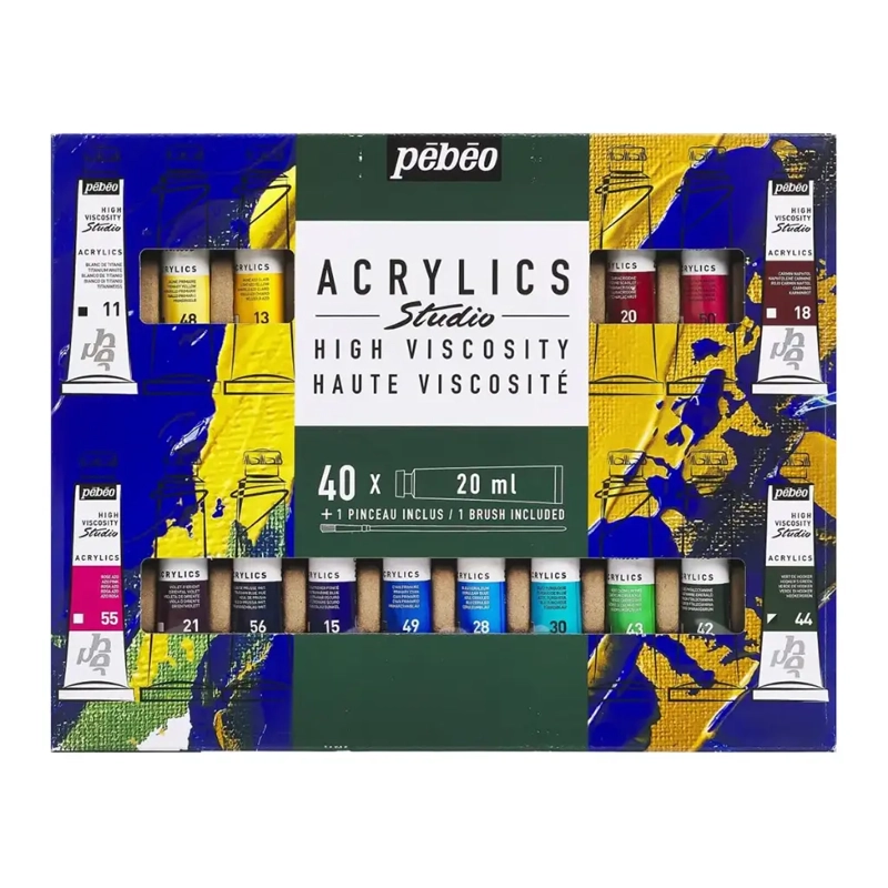 SET 40 ACRILICOS PEBEO STUDIO + PINCEL 20ML (COD. A) - 1
