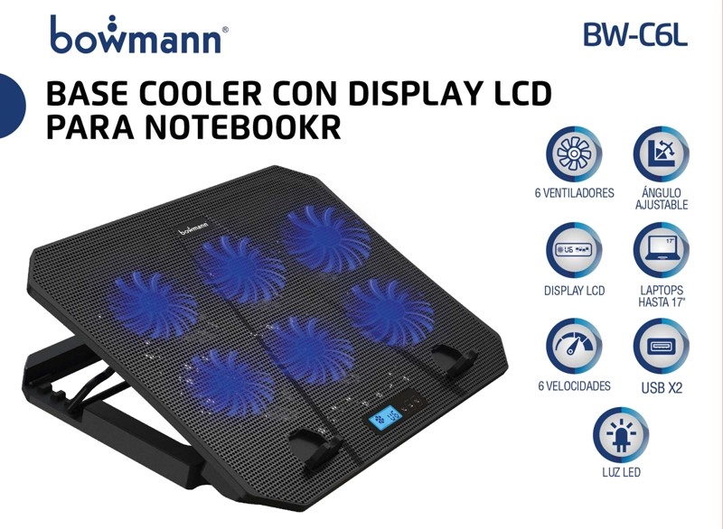 SOPORTE BOWMANN BWC6L BASE COOLER NOTEBOOK DISPLAY 6 VENTILADORES BW-C6L - 2