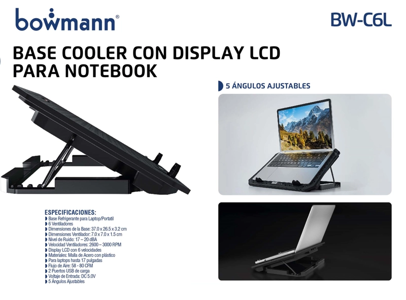 SOPORTE BOWMANN BWC6L BASE COOLER NOTEBOOK DISPLAY 6 VENTILADORES BW-C6L - 3