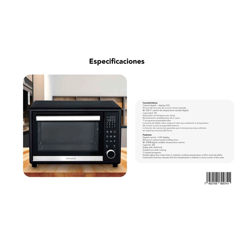HORNO ELÉCTRICO AIWA EMPOTRABLE 32L ANTIADHERENTE MODO ASADOR AW-OK32 - 13