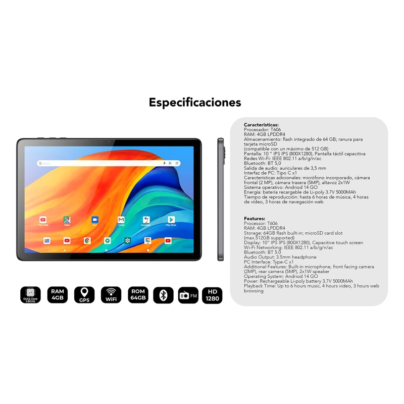 TABLET AIWA ANDROID 10'' RAM 4GB ROM 64GB HD 1080P AWTHA1001 - 10