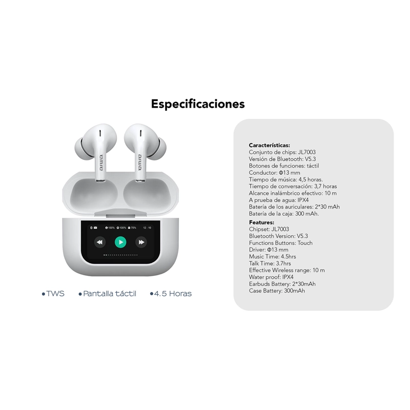 AUDÍFONOS AIWA IN EAR PANTALLA TÁCTIL BLUETOOTH AW-TWSGPRO BLANCO - 3