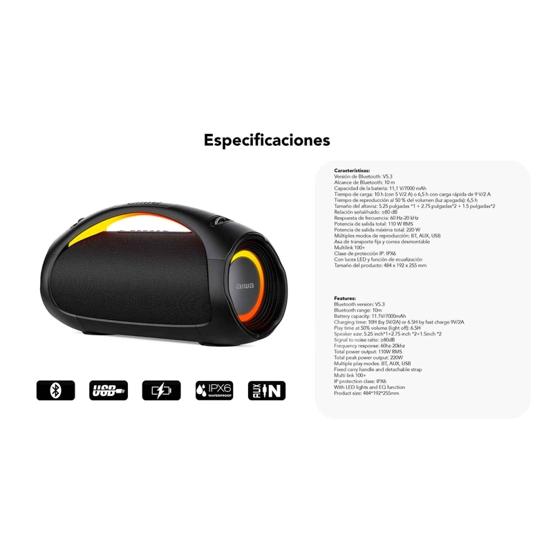 PARLANTE PORTATIL BLUETOOTH AIWA IPX6 CON TWS 110W AW-S544BT - 12