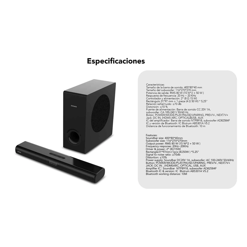 BARRA DE SONIDO AIWA HOME THEATERS 80W 2.1CH AW-SBHC800W - 9