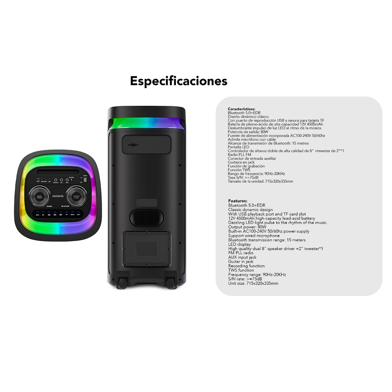 PARLANTE BLUETOOTH PORTATIL AIWA KARAOKE TWS LED AW-POH5D - 10