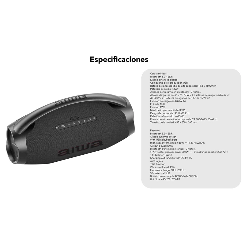PARLANTE PORTATIL BLUETOOTH AIWA IPX6 CON TWS 130W AW-H51BT - 5