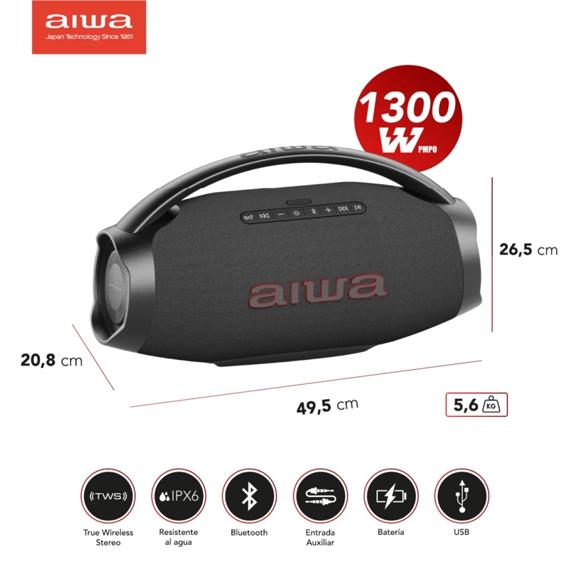 PARLANTE PORTATIL BLUETOOTH AIWA IPX6 CON TWS 130W AW-H51BT - 7