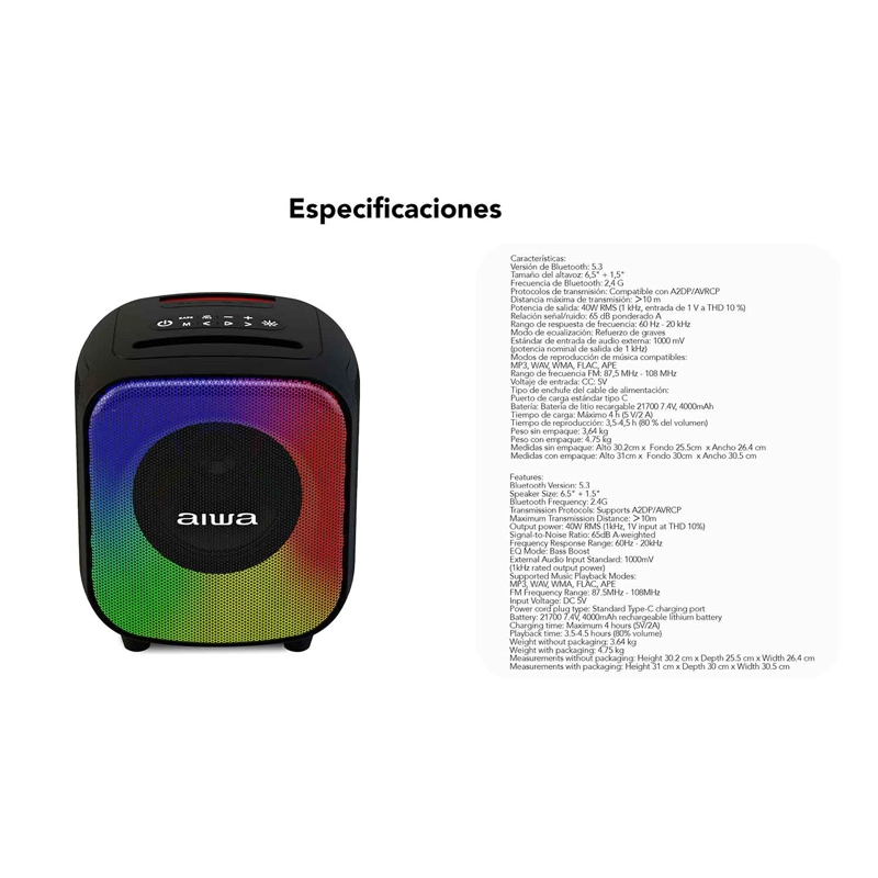 PARLANTE BLUETOOTH AIWA PORTATIL 40W CON FUNCION TWS AW-B81 - 5