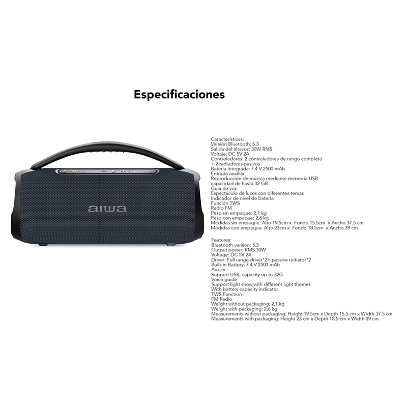 PARLANTE PORTATIL BLUETOOTH AIWA 30W TWS RADIO FM AW-Q680 - 11