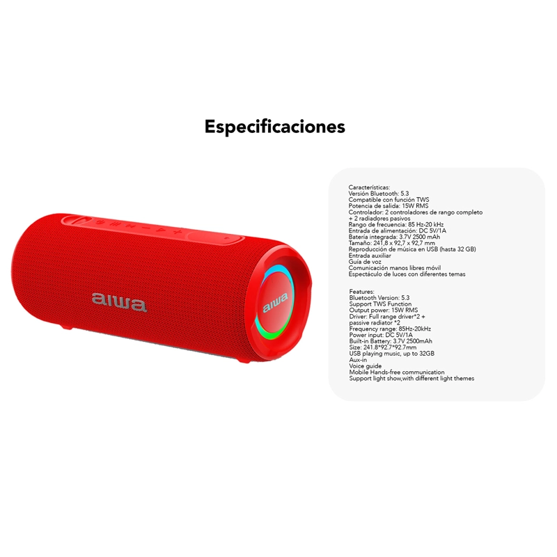 PARLANTE PORTATIL BLUETOOTH 15W IMPERMEABLE TWS AIWA AW-Q260 ROJO - 11