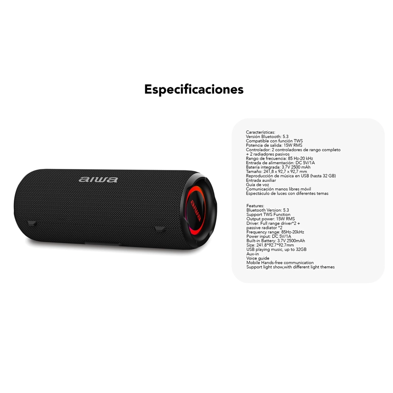 PARLANTE PORTATIL BLUETOOTH 15W IMPERMEABLE TWS AIWA AW-Q260 NEGRO - 12