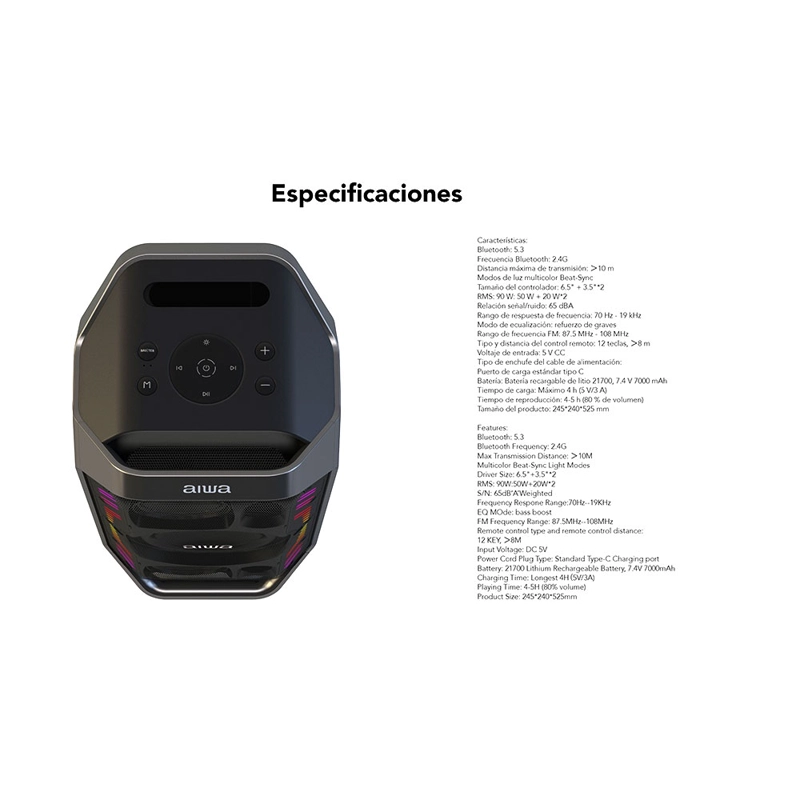 PARLANTE PORTATIL BLUETOOTH AIWA 90W CON RADIO FM AW-A521 - 4