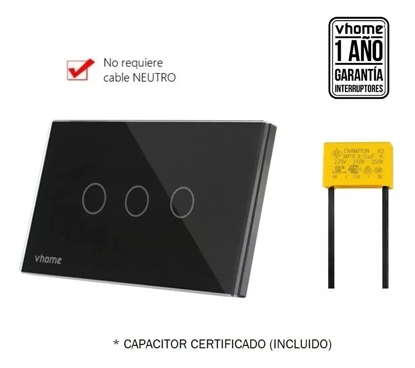 INTERRUPTOR VHOME NEGRO WIFI LIVE SIN NEUTRO BLACK 3 CANAL VSHOP - 2