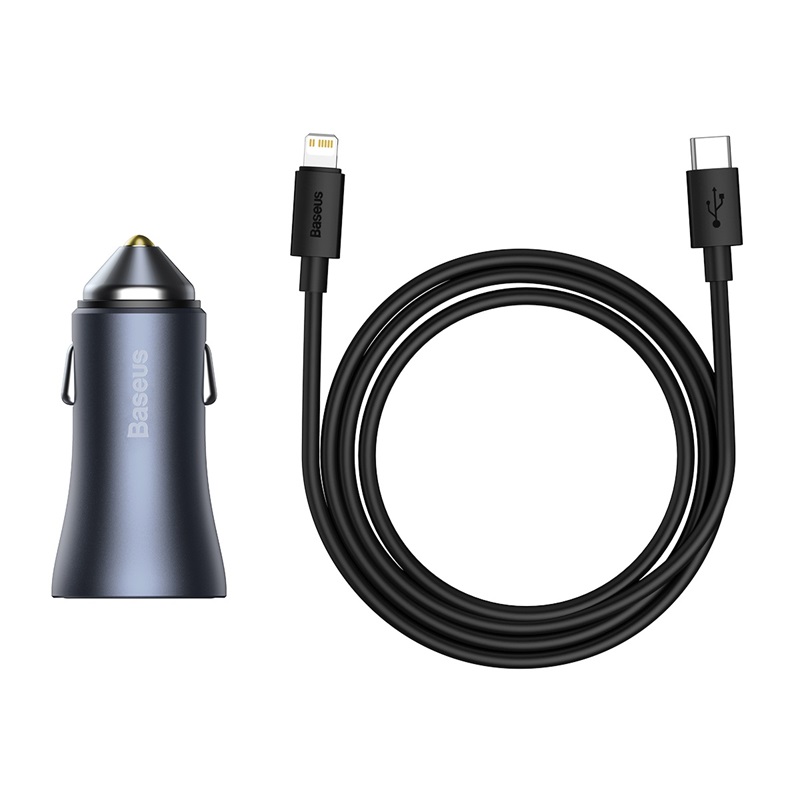 CARGADOR DUAL AUTOMÓVIL BASEUS U+C 40W (CABLE C-L) - GRIS - 1