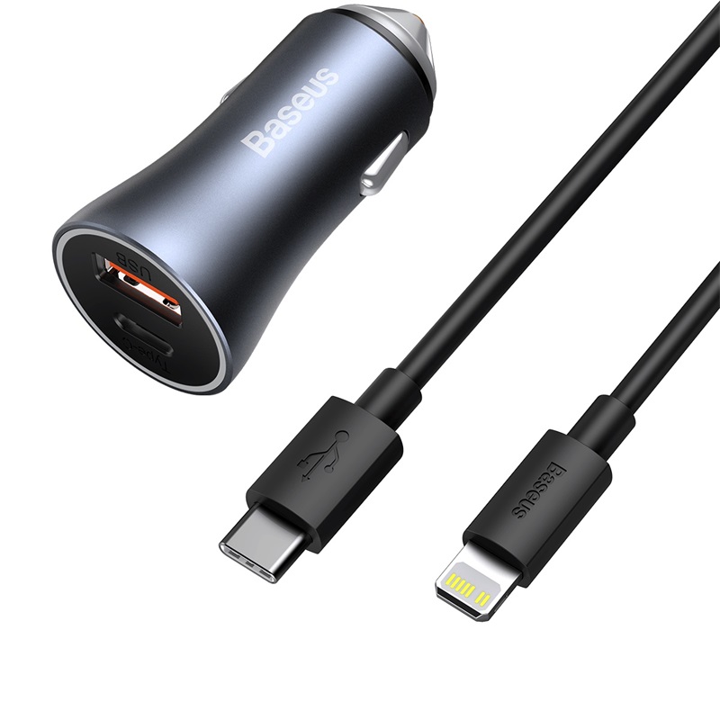 CARGADOR DUAL AUTOMÓVIL BASEUS U+C 40W (CABLE C-L) - GRIS - 5