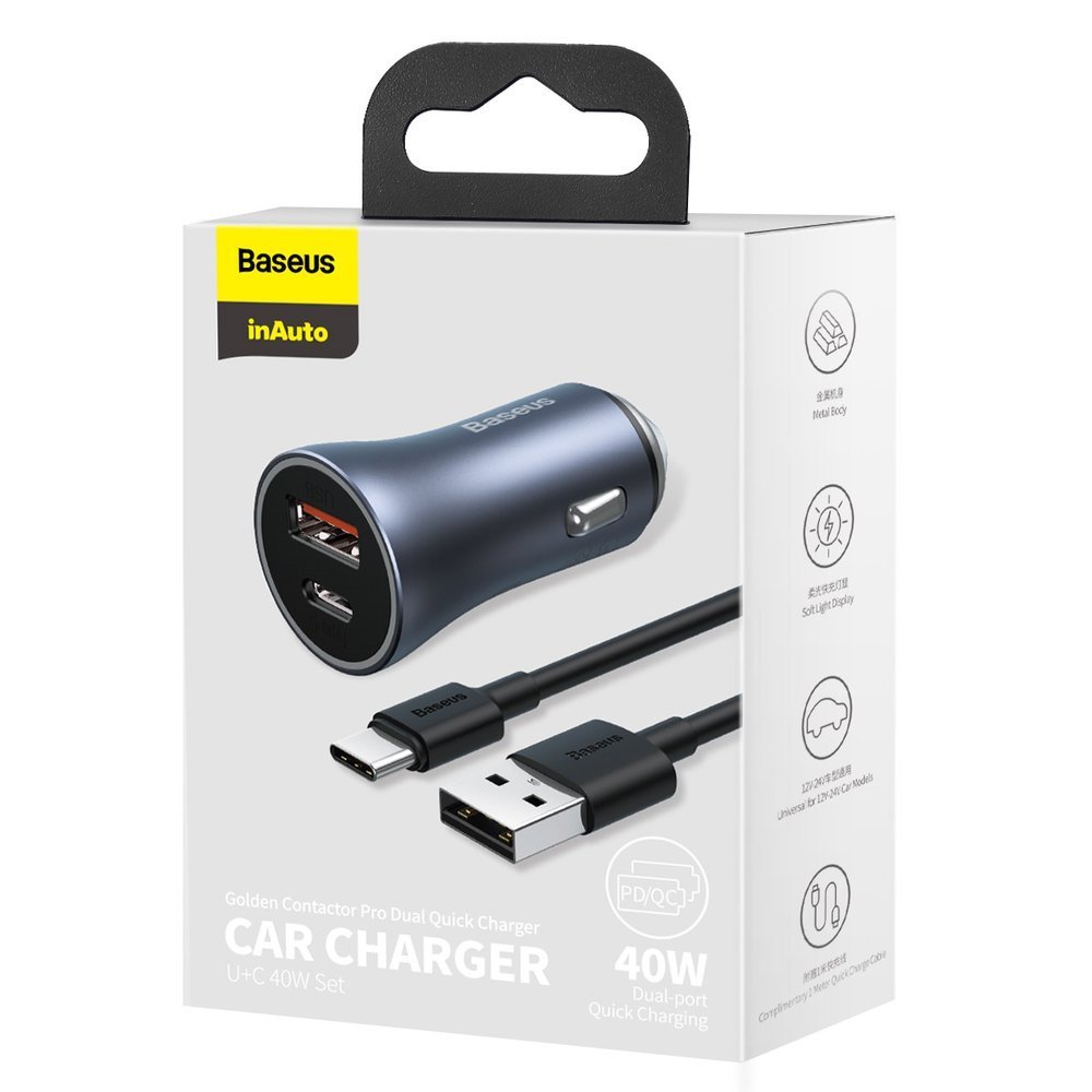 CARGADOR DUAL AUTOMÓVIL BASEUS U+C 40W (CABLE USB-C) - GRIS - 7