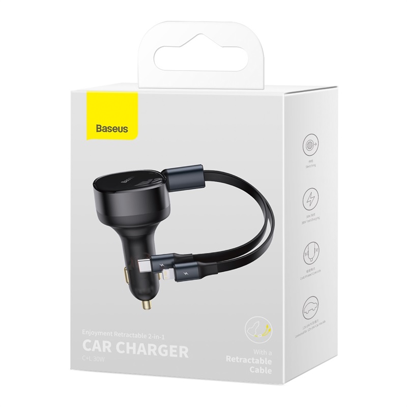 Cargador Rápido para Auto Baseus 2 en 1 USB C y Lightning 30W Negro - 8
