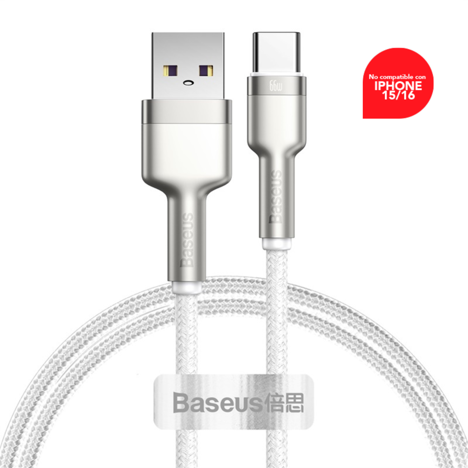 CABLE CARGA RÁPIDA METÁLICO BASEUS USB A TIPO-C DE 1M 66W BLANCO - 1