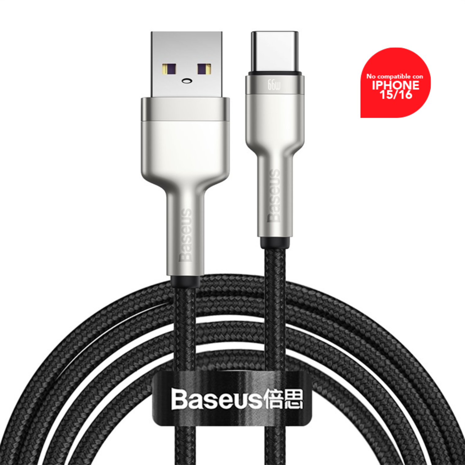 CABLE CARGA RÁPIDA METÁLICO BASEUS USB A TIPO-C DE 25 CM 66W NEGRO - 1