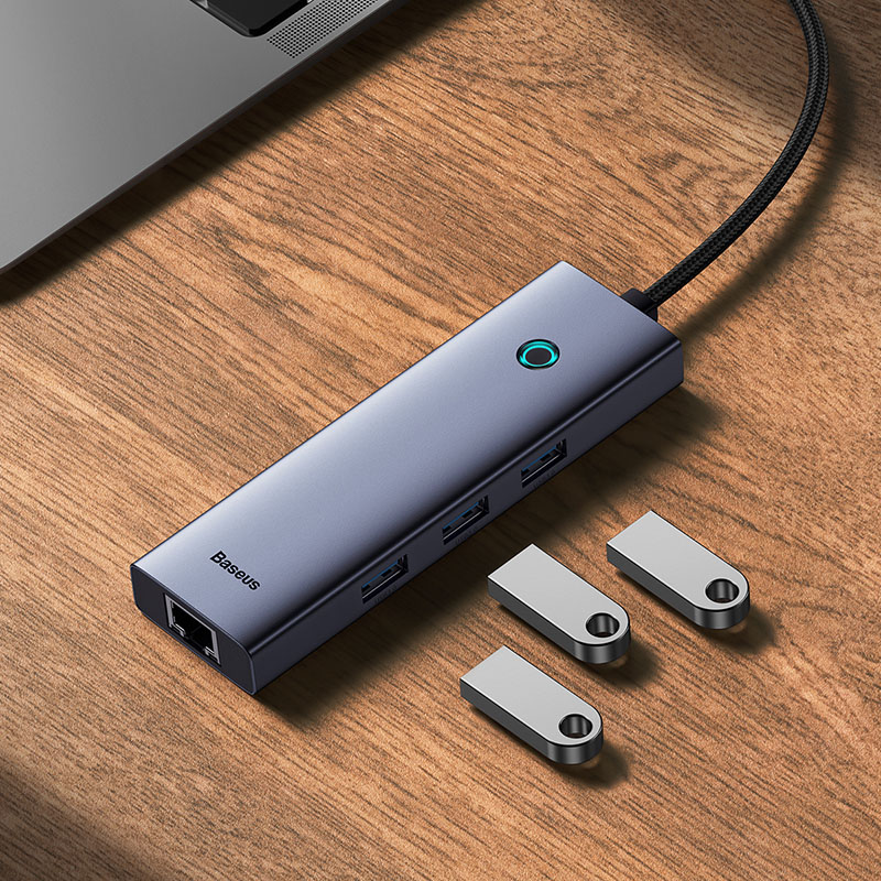 ADAPTADOR HUB 4 EN 1 USB-C A 3 PUERTOS USB 3.0 + ETHERNET RJ45 - BASEUS ULTRAJOY SERIES - GRIS - 7