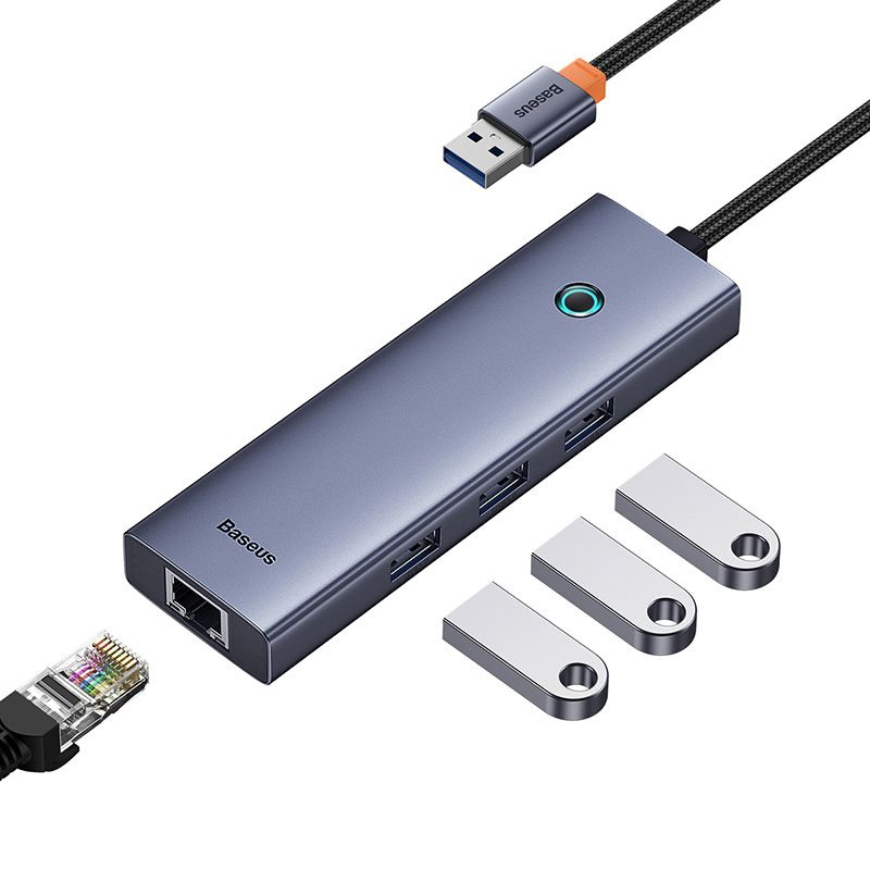 ADAPTADOR BASEUS HUB 4 EN 1 USB A 3 PUERTOS USB 3.0 + ETHERNET RJ45 - GRIS - 6