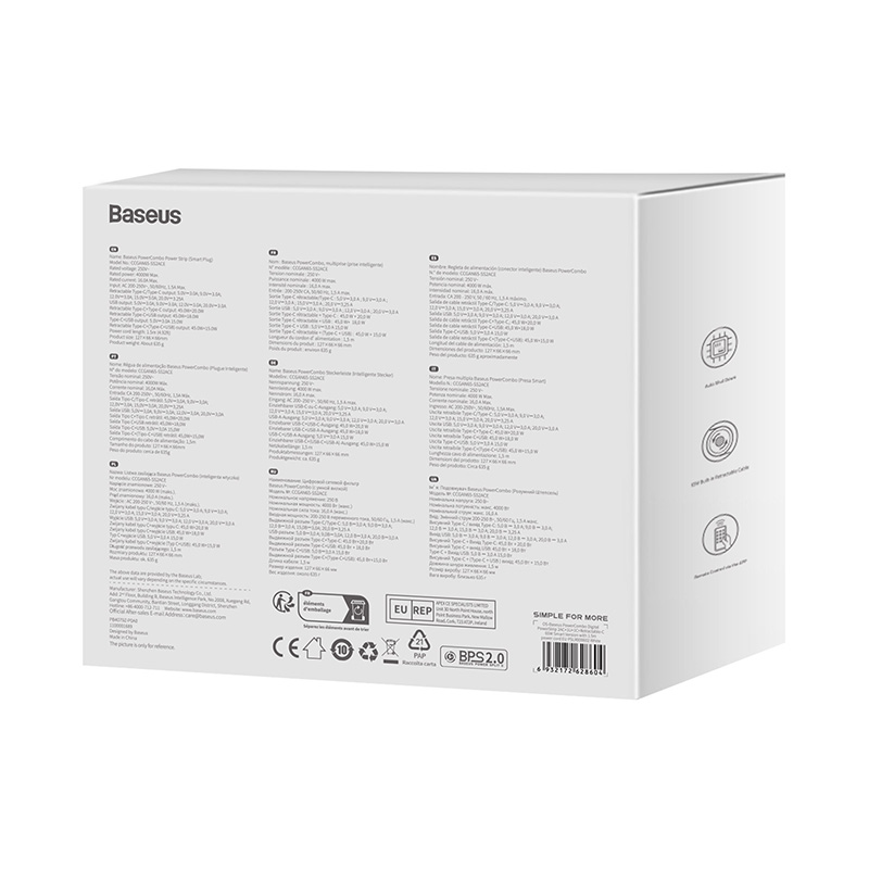 CARGADOR BASEUS POWERCOMBO DIGITAL POWERSTRIP (AC-TIPO C-USB-A) - 65W - BLANCO - 7