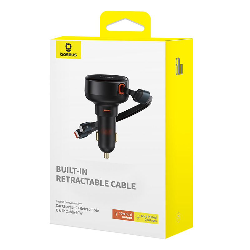 CARGADOR DE SMARTPHONE PARA AUTO BASEUS ENJOYMENT TIPO C CON CABLE TIPO C Y LIGHTNING - 60W - NEGRO - 7