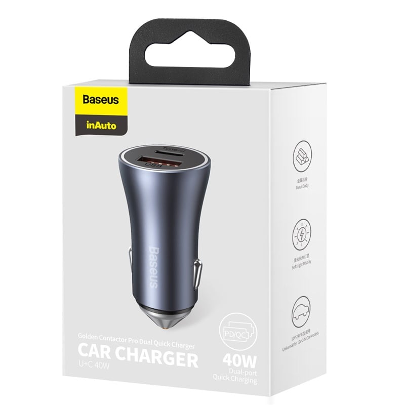 CARGADOR DOBLE RÁPIDO DE AUTO BASEUS GOLDEN CONTACTOR PRO USB + TIPO C - 40W - GRIS - 7