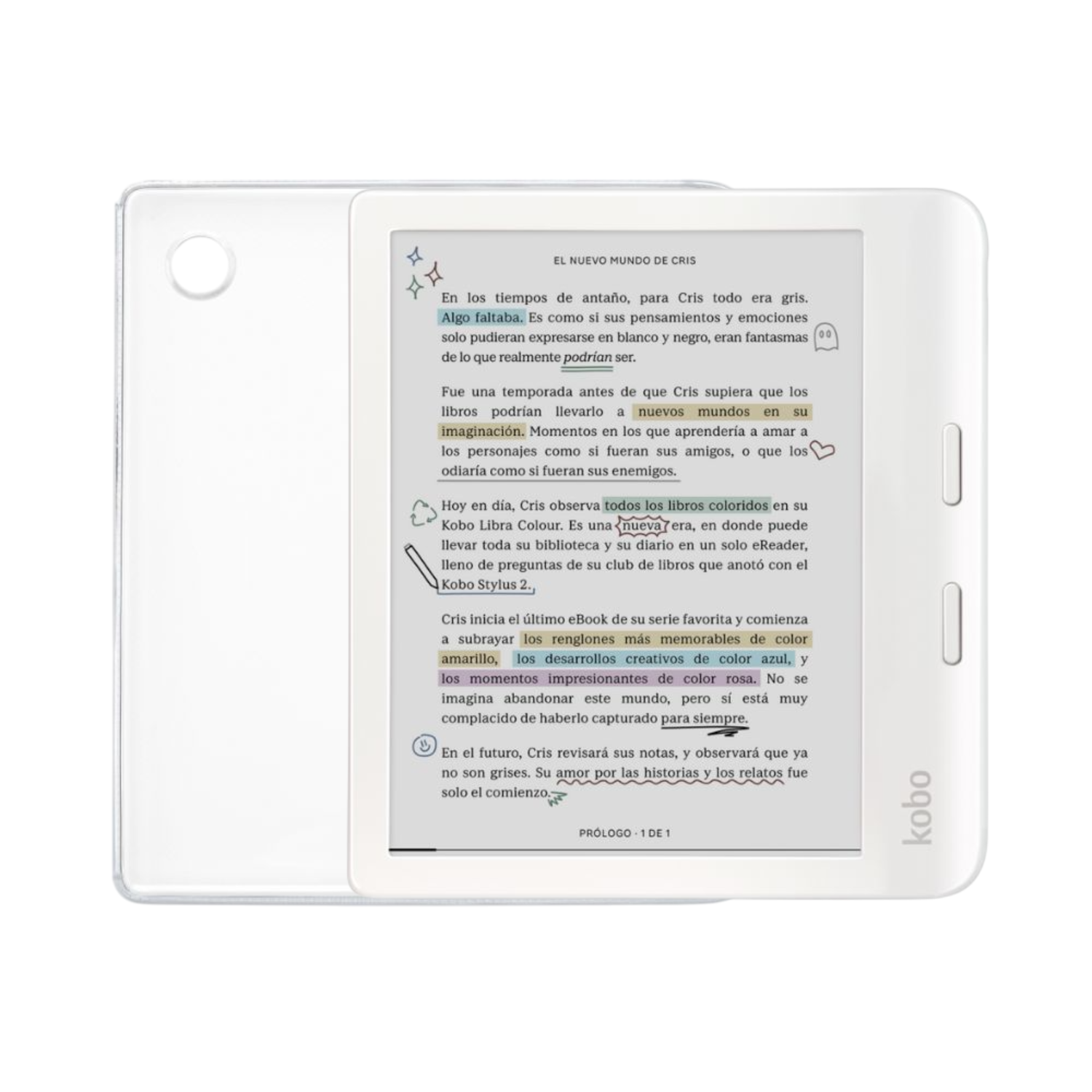 LECTOR E READER KOBO LIBRA COLOUR BLANCO CON FUNDA CLEAR CASE TRANSPARENTE - 1