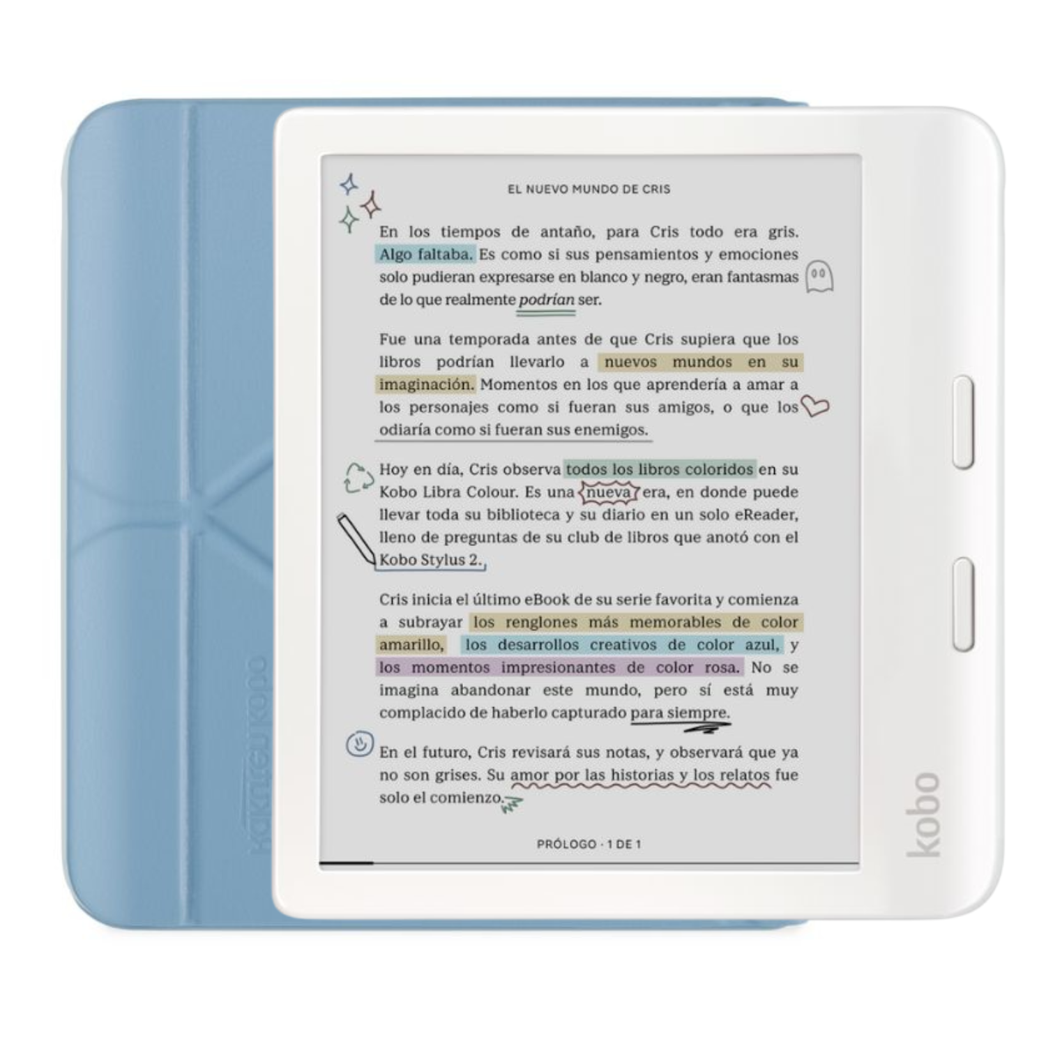LECTOR E READER KOBO LIBRA COLOUR BLANCO CON FUNDA SLEEPCOVER AZUL - 1