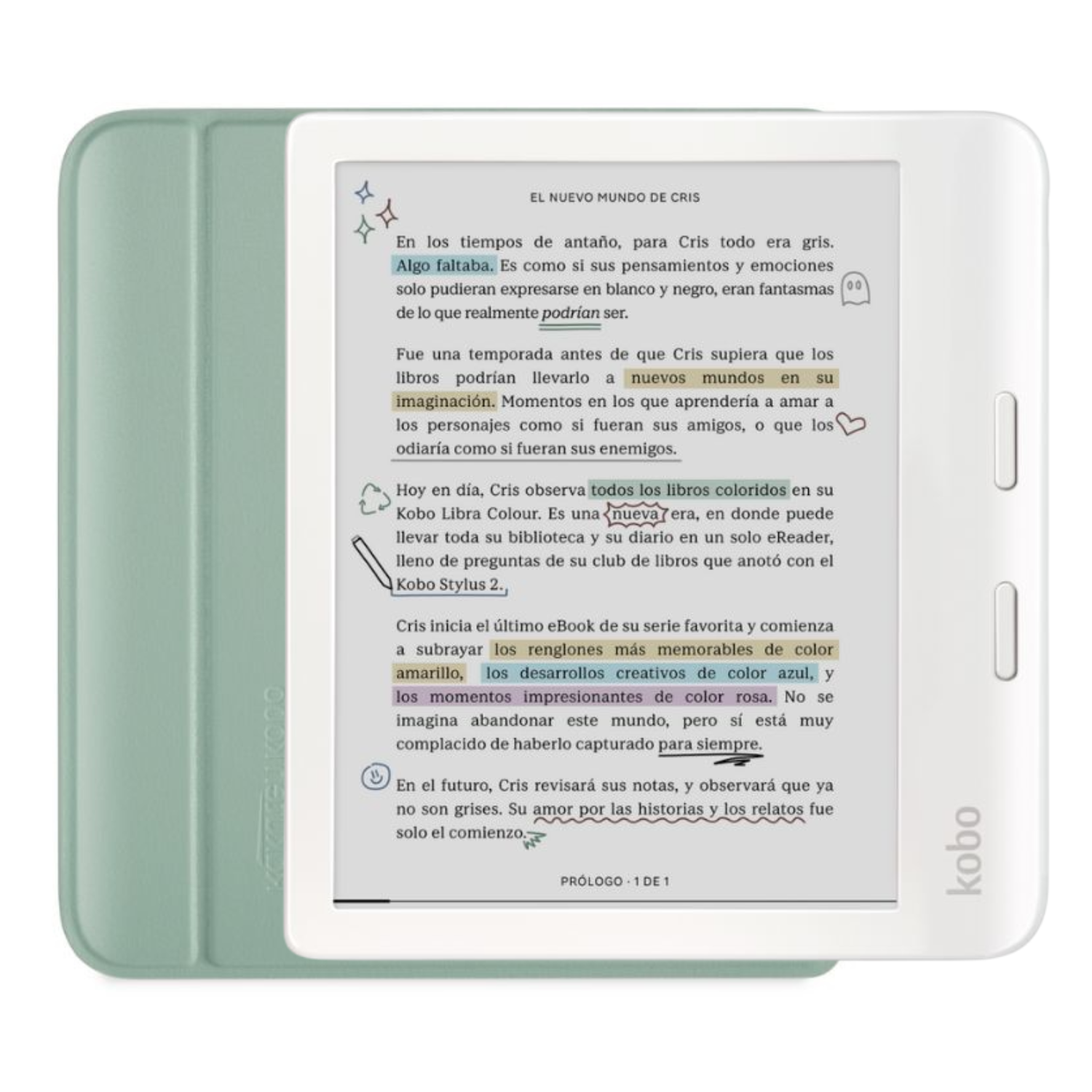 LECTOR E READER KOBO LIBRA COLOUR BLANCO CON FUNDA SLEEPCOVER VERDE - 1