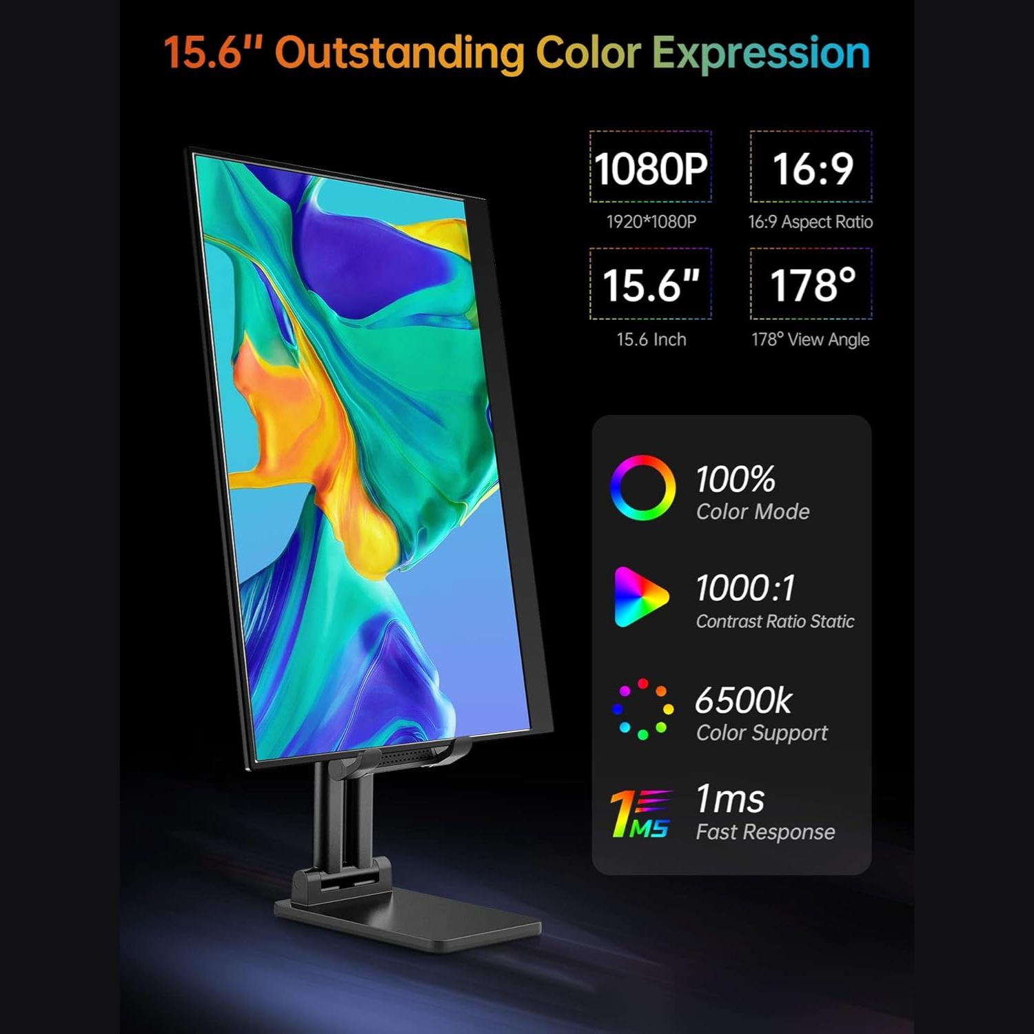 MONITOR PORTÁTIL VILVA 15,6' FHD 1080P IPS CON USB-C, HDMI, CUBIERTA Y ALTAVOCES EN COLOR NEGRO - 2