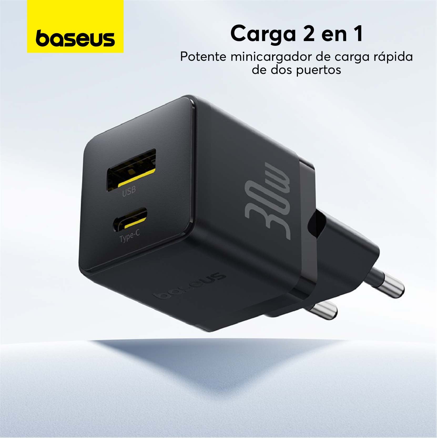 CARGADOR RÁPIDO BASEUS PALM CLUSTER USB Y TIPO C 30W EN COLOR NEGRO - 3