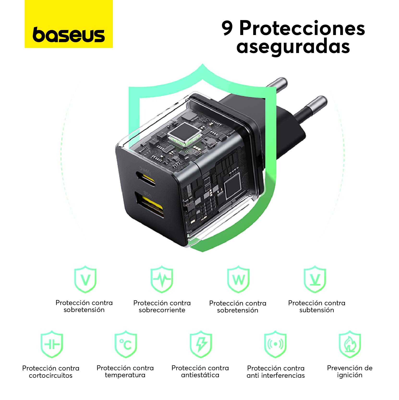 CARGADOR RÁPIDO BASEUS PALM CLUSTER USB Y TIPO C 30W EN COLOR NEGRO - 4