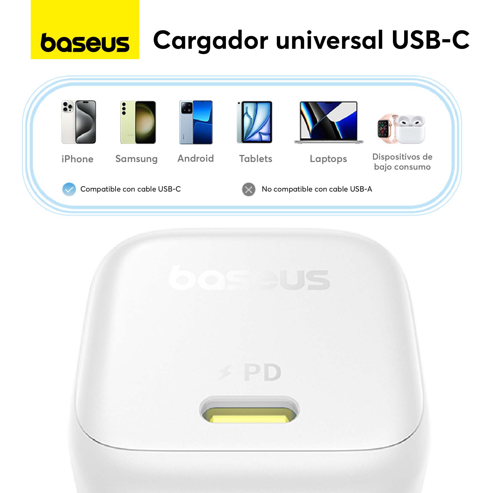 CARGADOR RÁPIDO BASEUS PICOGO GAN6 USB C 45W EN COLOR BLANCO - 3