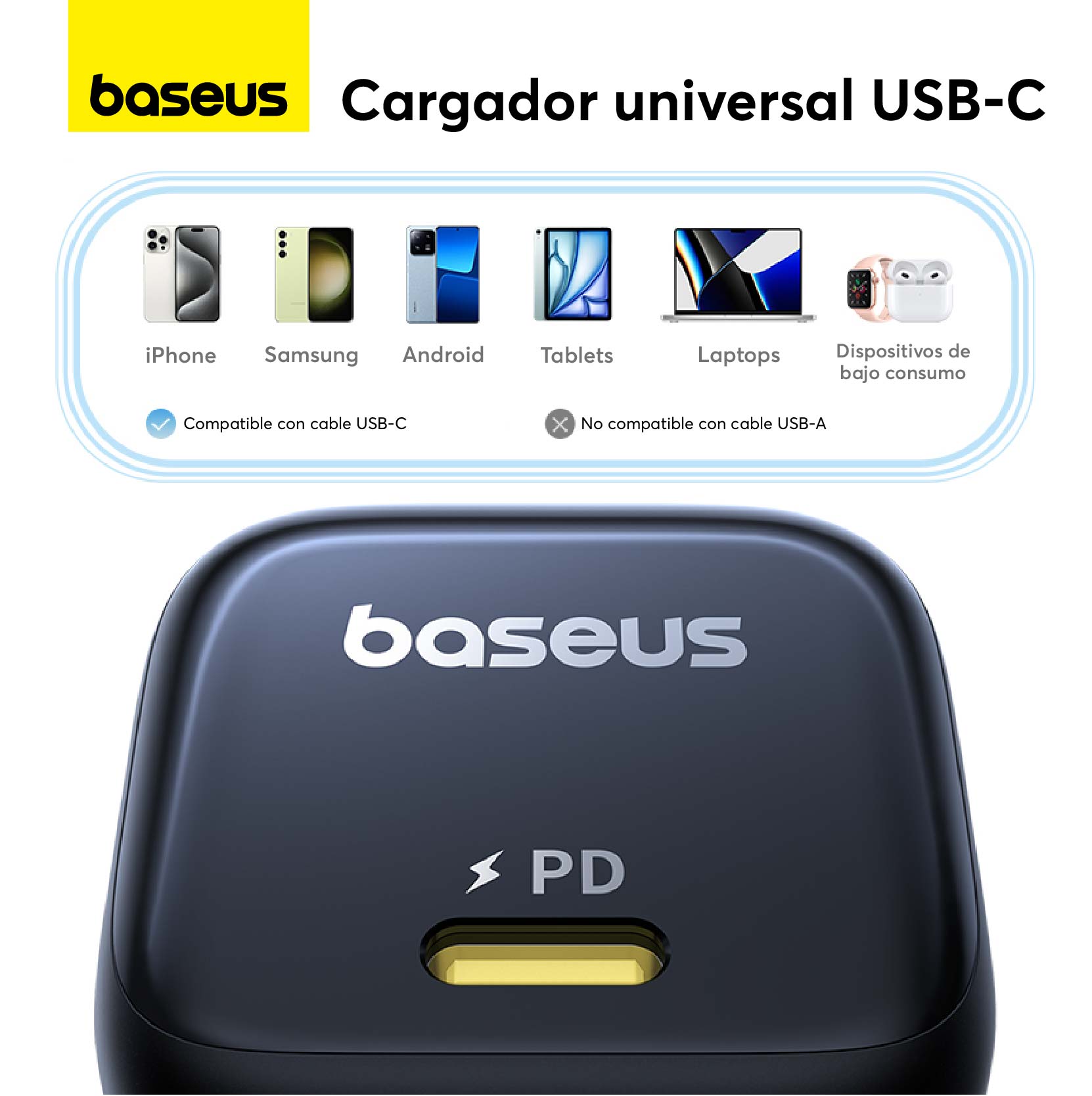 CARGADOR RÁPIDO BASEUS PICOGO GAN6 USB C 45W EN COLOR NEGRO - 3