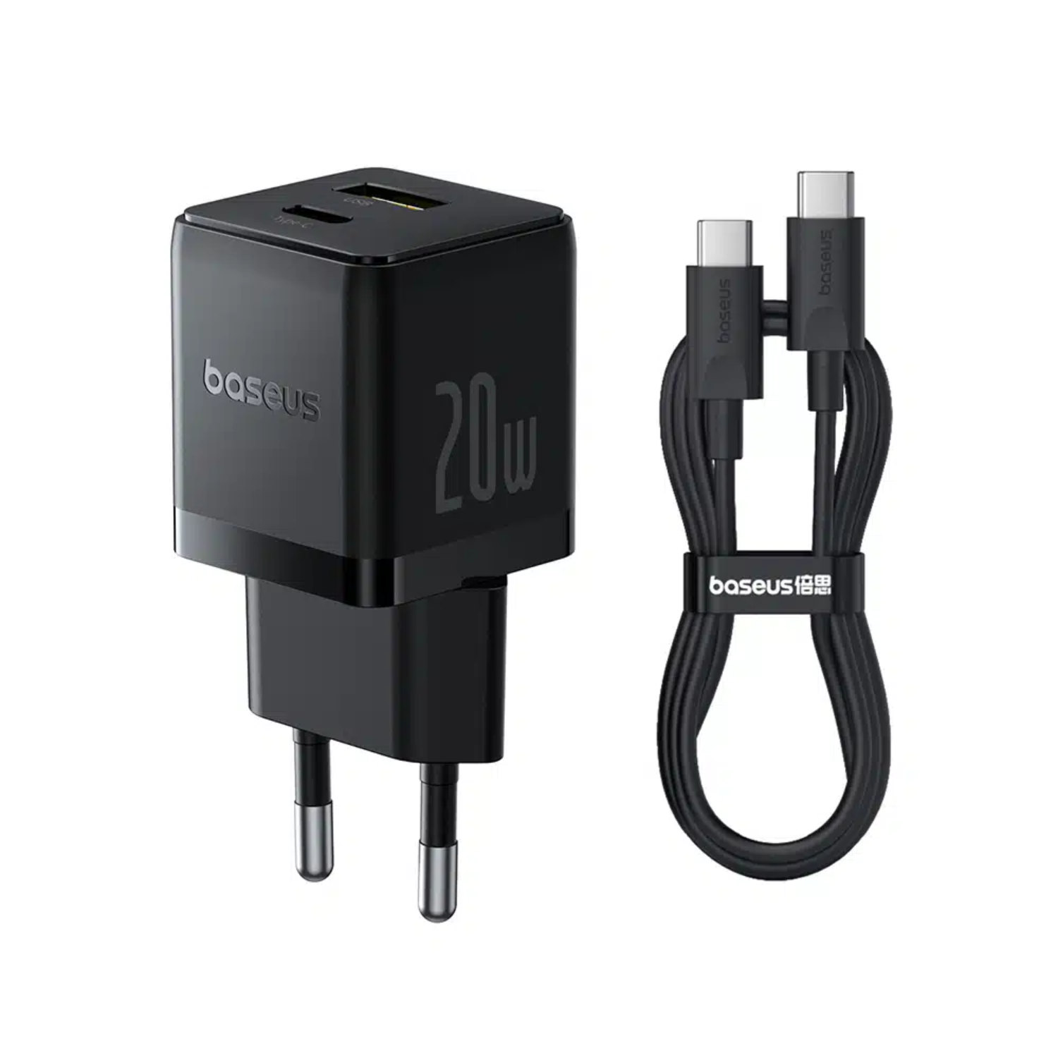 CARGADOR RÁPIDO BASEUS PALM CLUSTER USB Y TIPO C 20W + CABLE TIPO C A TIPO C EN COLOR NEGRO - 1