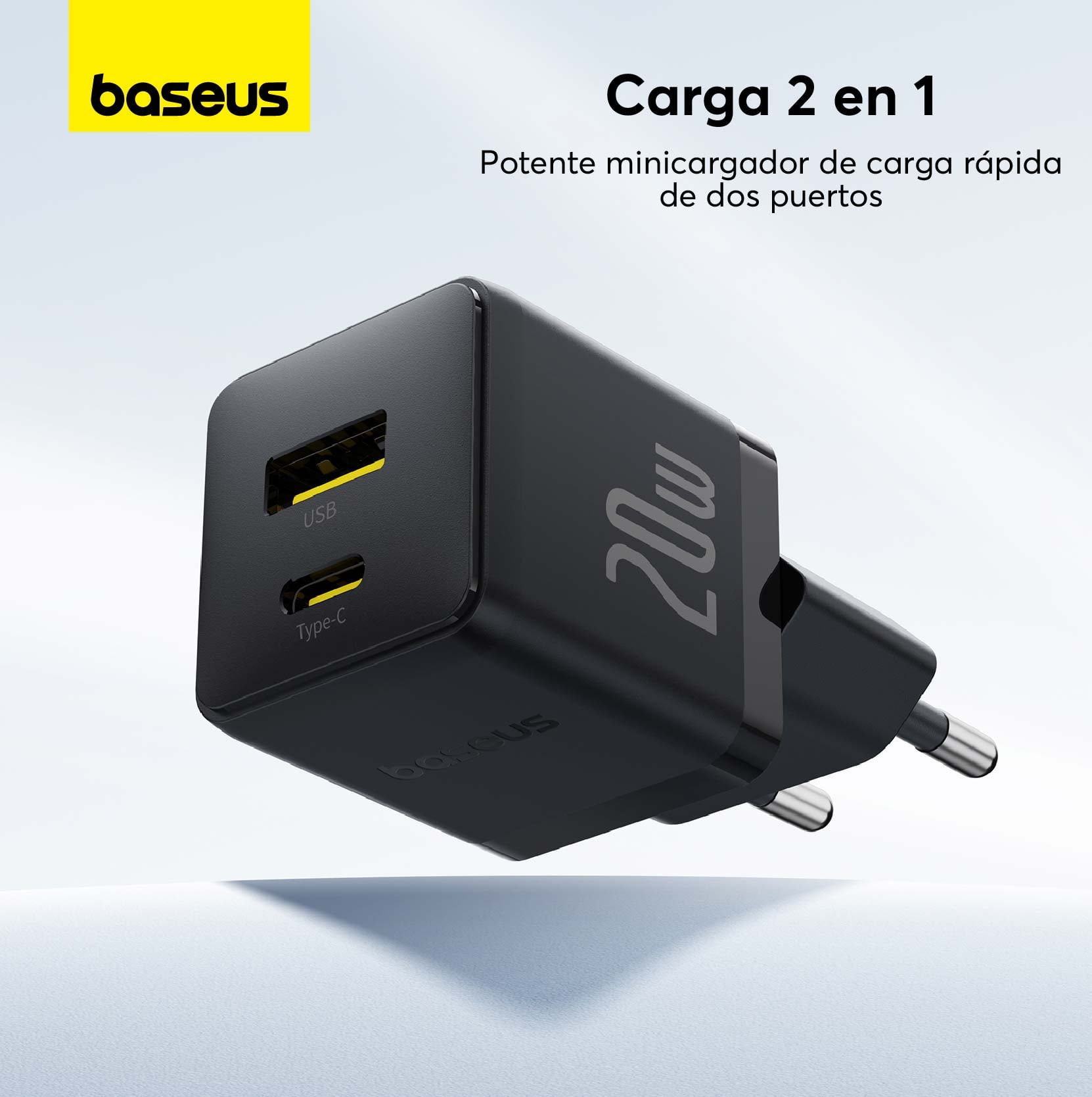 CARGADOR RÁPIDO BASEUS PALM CLUSTER USB Y TIPO C 20W + CABLE TIPO C A TIPO C EN COLOR NEGRO - 3