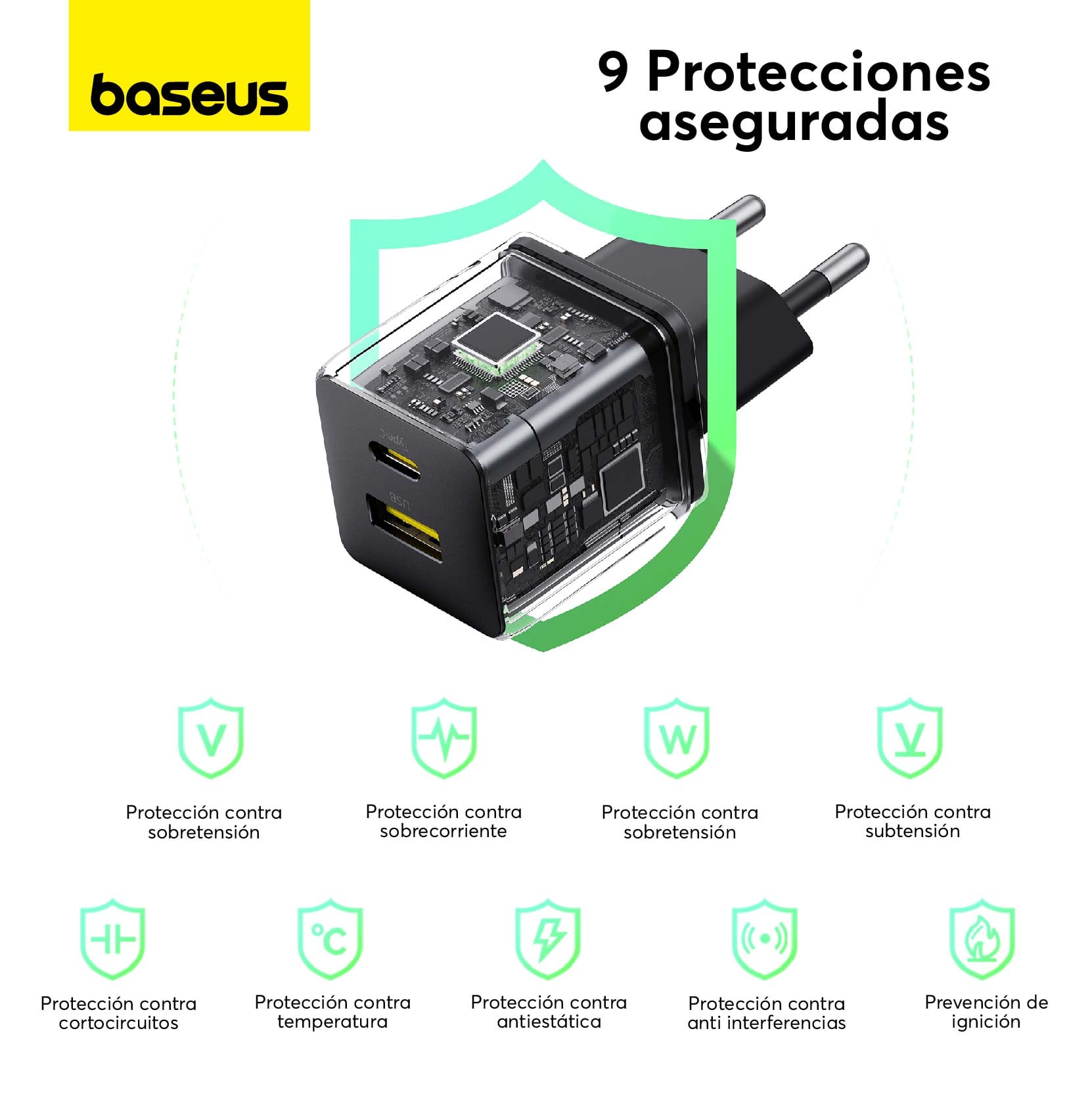 CARGADOR RÁPIDO BASEUS PALM CLUSTER USB Y TIPO C 20W + CABLE TIPO C A TIPO C EN COLOR NEGRO - 5