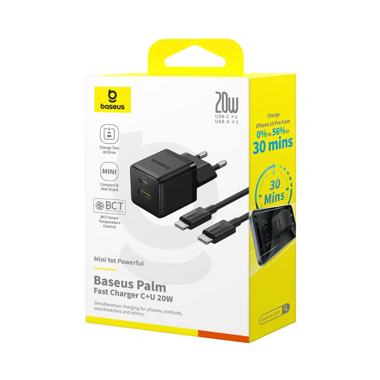 CARGADOR RÁPIDO BASEUS PALM CLUSTER USB Y TIPO C 20W + CABLE TIPO C A TIPO C EN COLOR NEGRO - 8