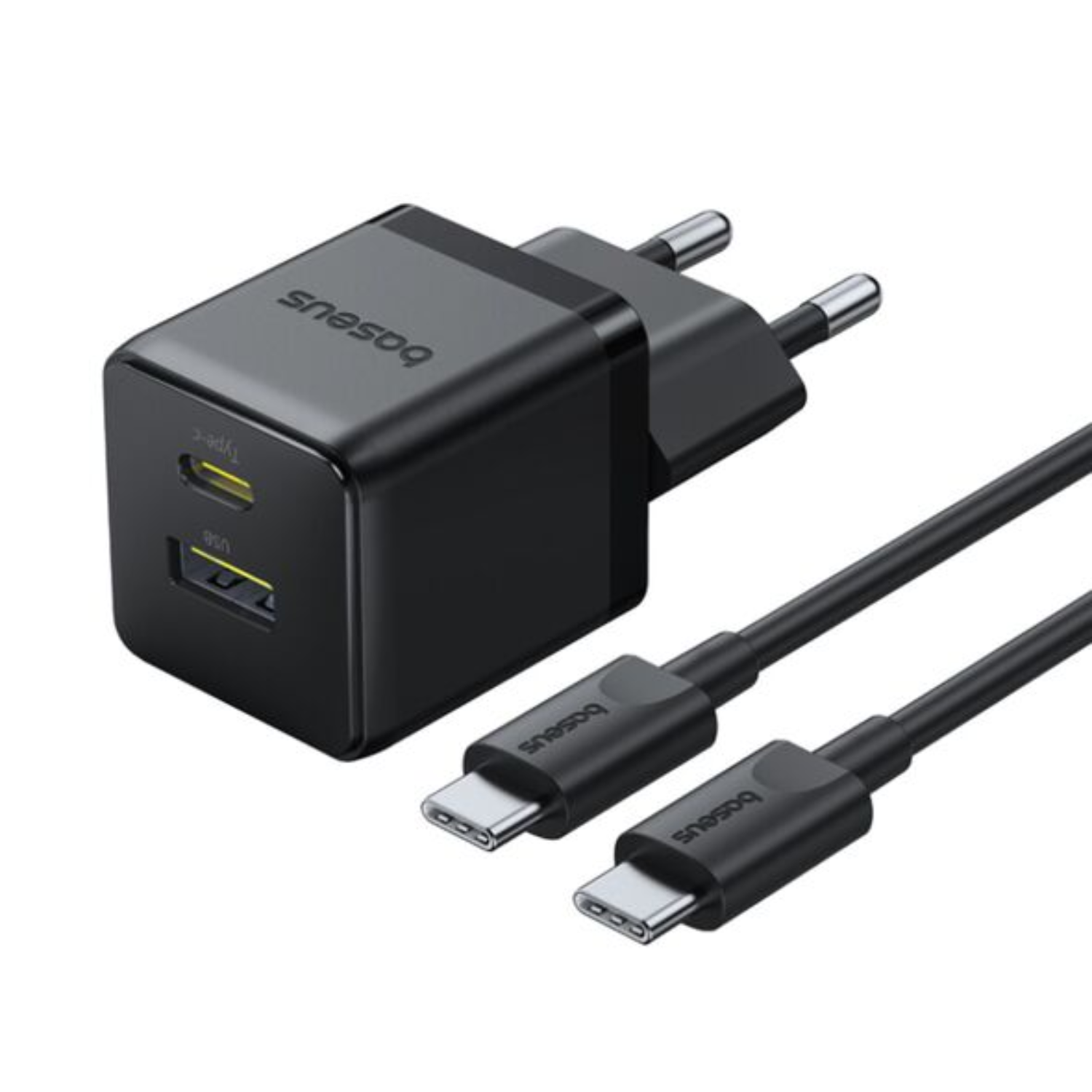 CARGADOR RÁPIDO BASEUS PALM CLUSTER USB Y TIPO C 30W + CABLE USB C A USB C EN COLOR NEGRO - 1