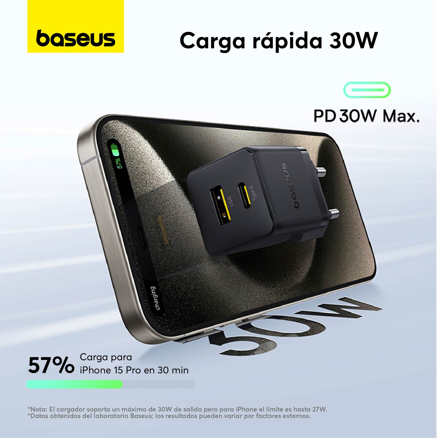 CARGADOR RÁPIDO BASEUS PALM CLUSTER USB Y TIPO C 30W + CABLE USB C A USB C EN COLOR NEGRO - 5