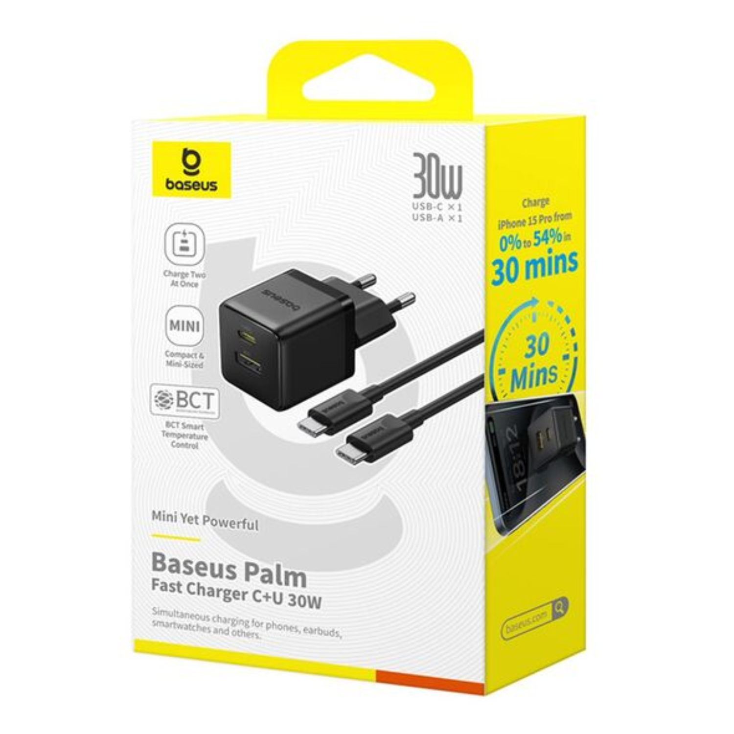 CARGADOR RÁPIDO BASEUS PALM CLUSTER USB Y TIPO C 30W + CABLE USB C A USB C EN COLOR NEGRO - 8