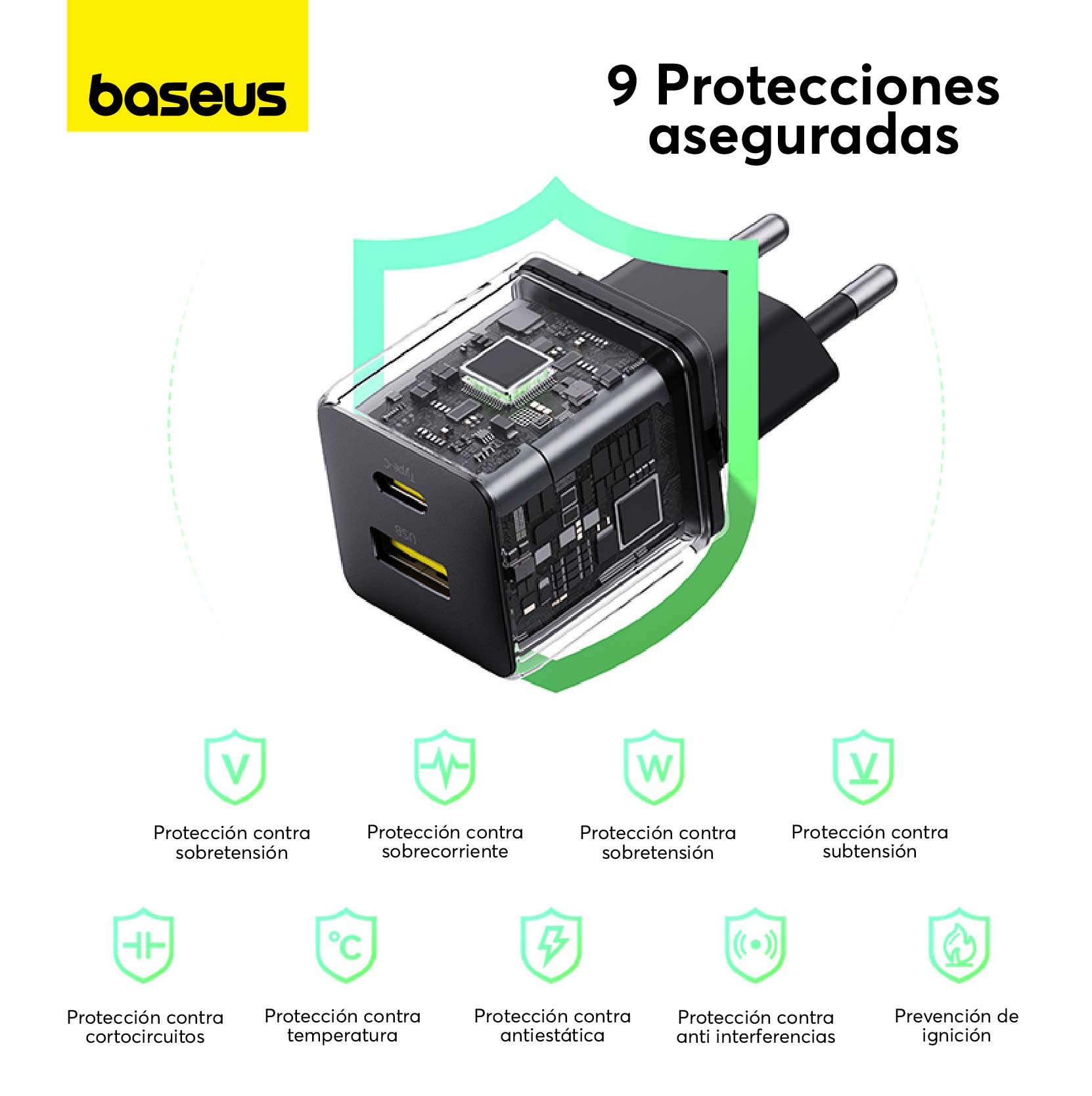 CARGADOR RÁPIDO BASEUS PALM CLUSTER USB Y TIPO C 20W EN COLOR NEGRO - 5