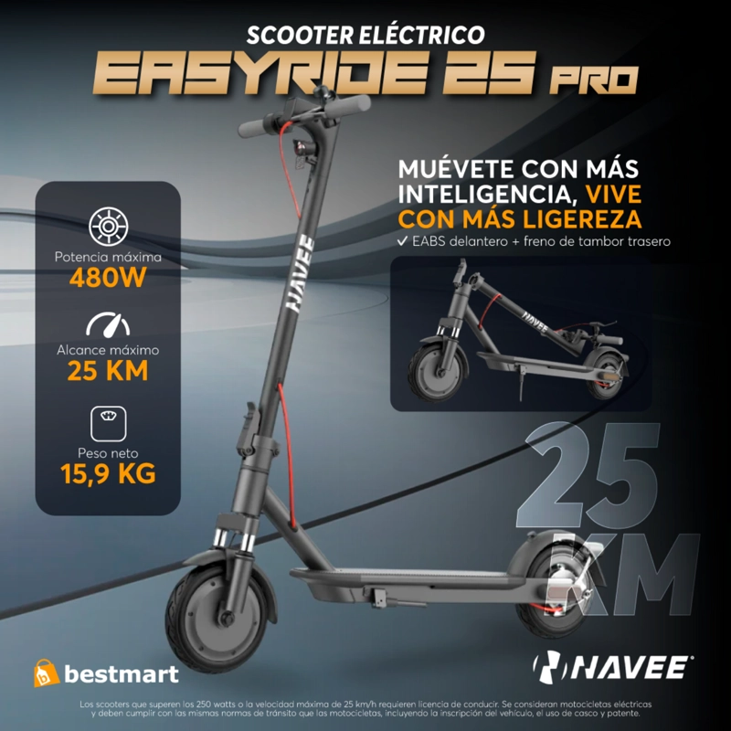 SCOOTER ELÉCTRICO EASYRIDE 25 PRO PLEGABLE AUTONOMÍA 25KM MÁX 25KM/H 480W SUSPENSIÓN DELANTERA EABS - 2